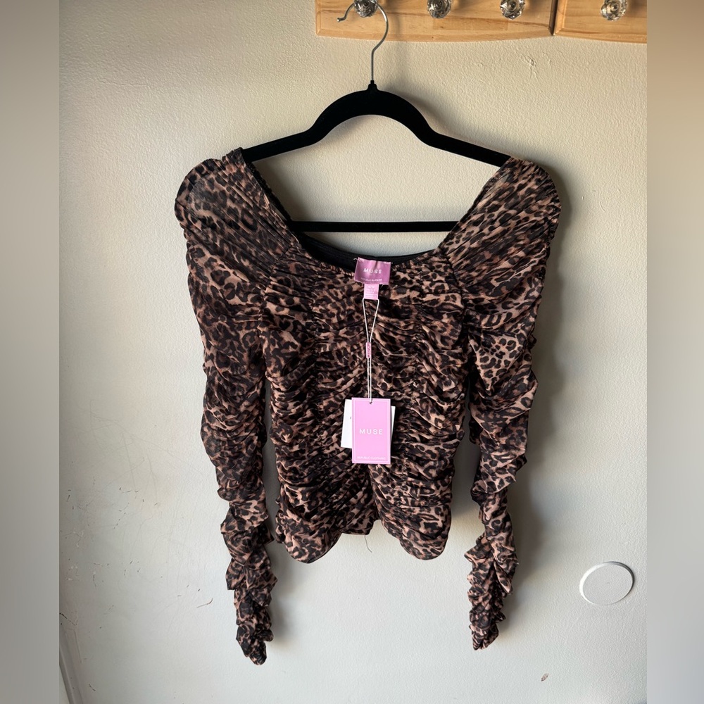 MUSE Republic Leopard Print Ruched Mesh Top - NWT Size M Long Sleeve Brown/Black